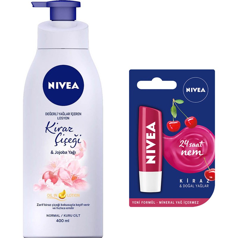 Nivea Kiraz Çiçeği & Jojoba Yağı Losyon 400 ml + Nivea Dudak Bakım Kremi Kiraz Özlü