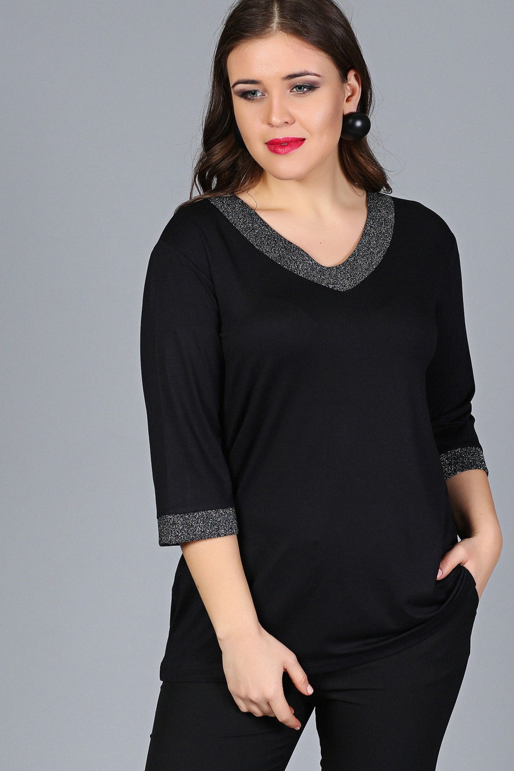 Curvy Trend Büyük Beden Yaka Kolucu Sim Yarım Kol Bluz Siyah