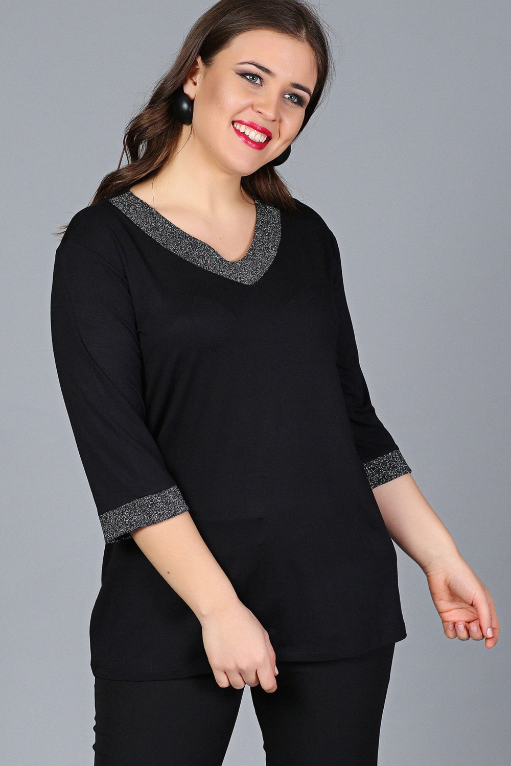 Curvy Trend Büyük Beden Yaka Kolucu Sim Yarım Kol Bluz Siyah görsel 2