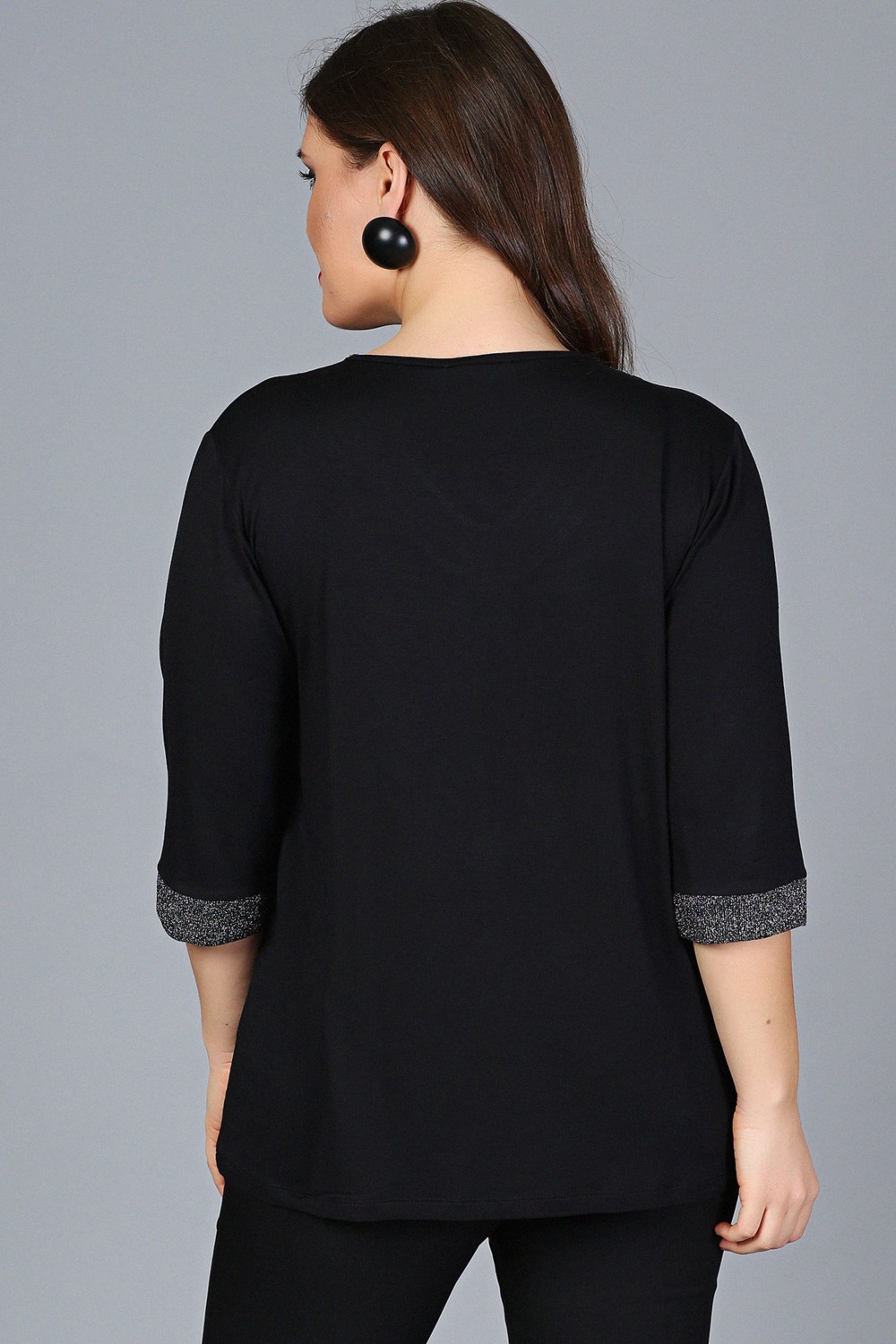 Curvy Trend Büyük Beden Yaka Kolucu Sim Yarım Kol Bluz Siyah görsel 3