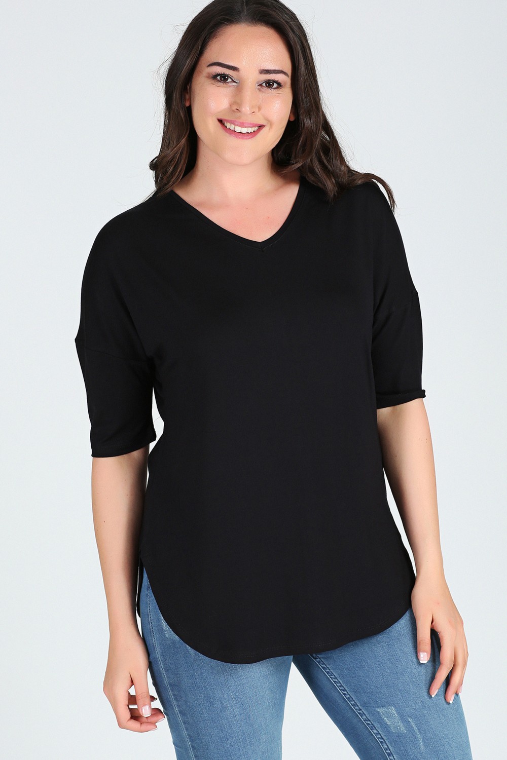 Curvy Trend Büyük Beden Yan Yırtmaç Yarım Kol Bluz Siyah