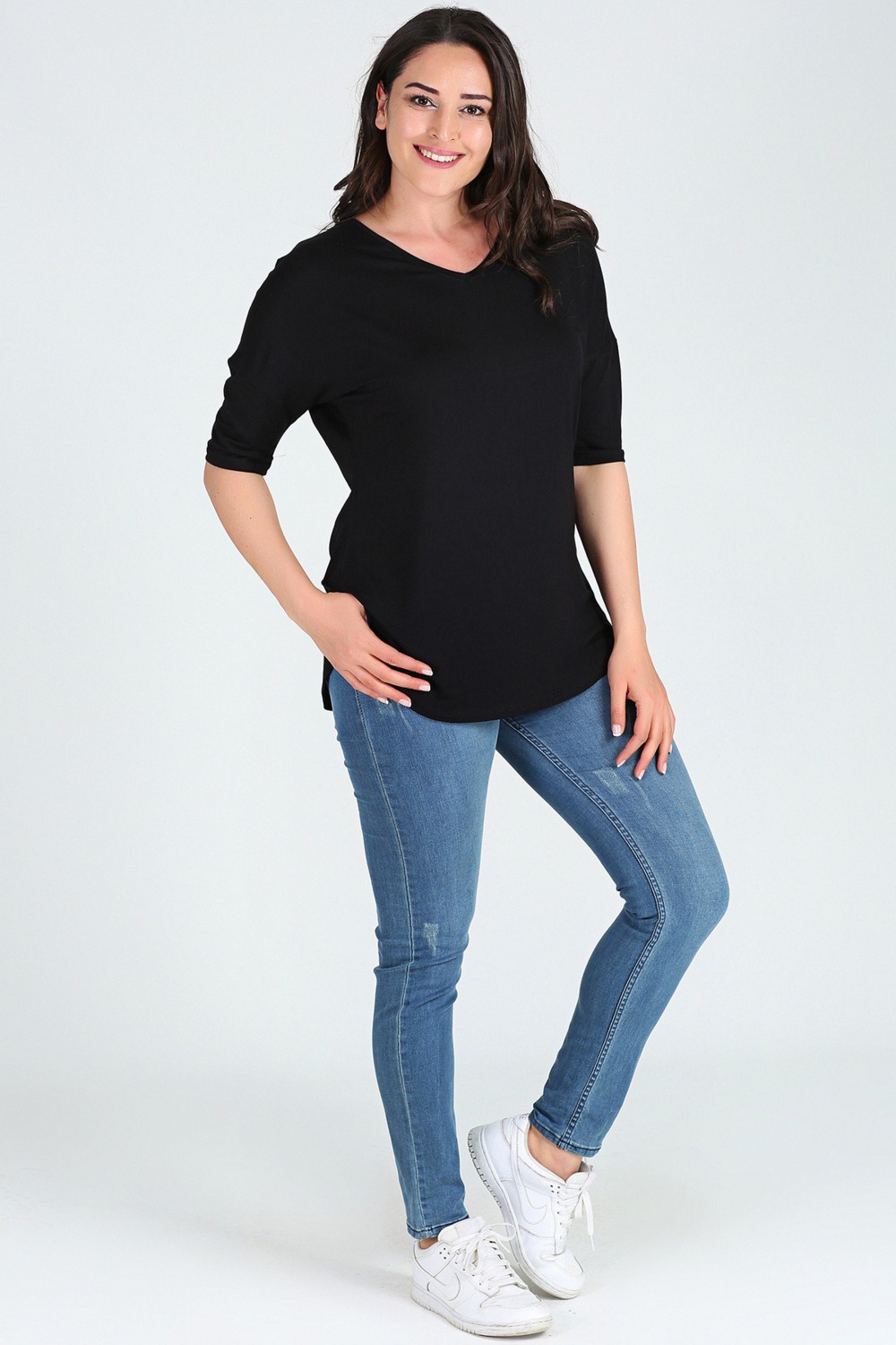 Curvy Trend Büyük Beden Yan Yırtmaç Yarım Kol Bluz Siyah görsel 2