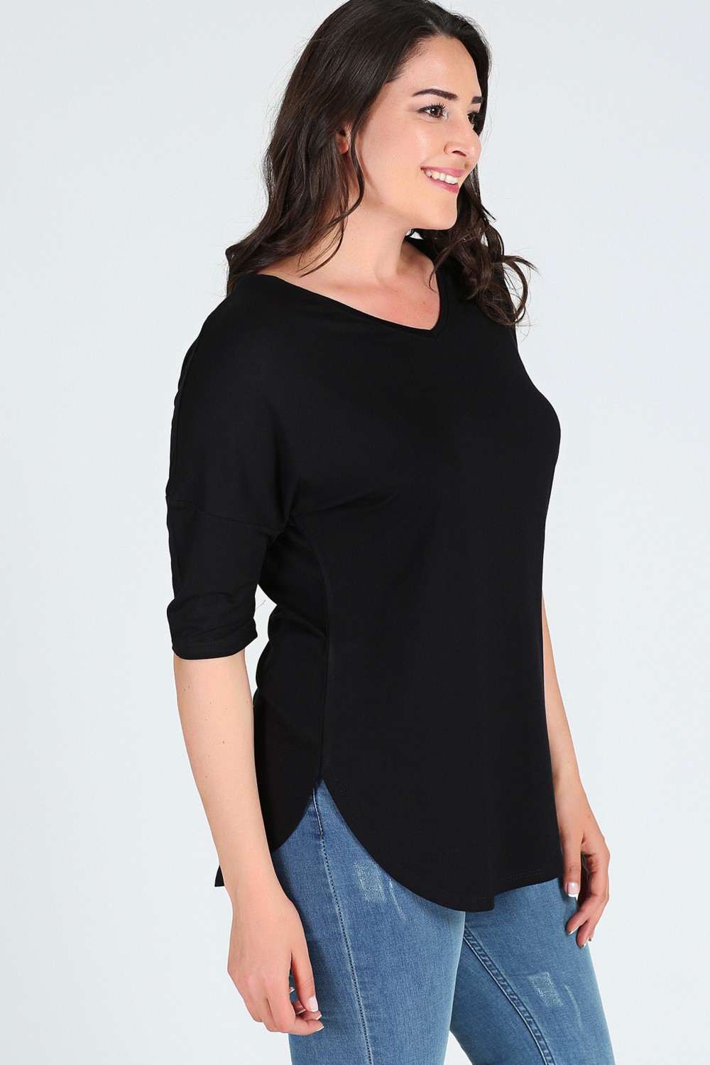 Curvy Trend Büyük Beden Yan Yırtmaç Yarım Kol Bluz Siyah görsel 3
