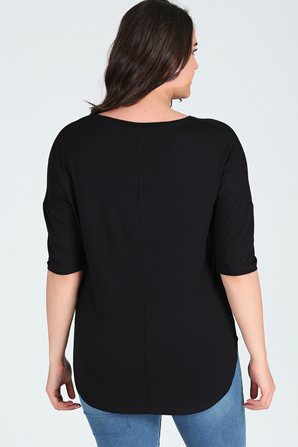 Curvy Trend Büyük Beden Yan Yırtmaç Yarım Kol Bluz Siyah görsel 4