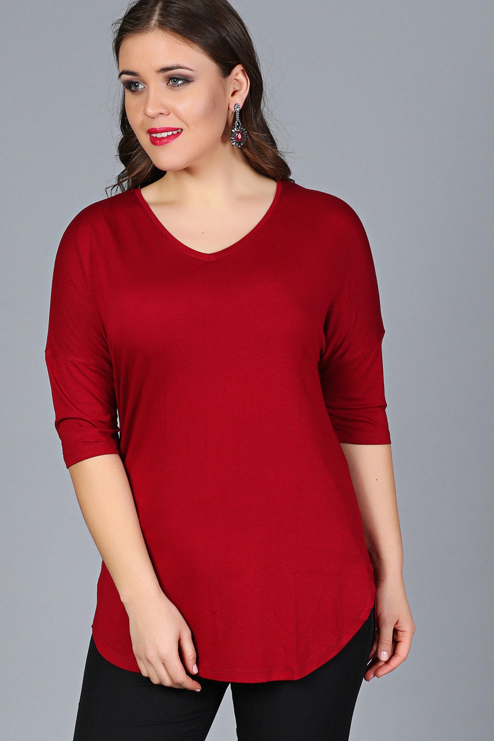 Curvy Trend Büyük Beden Yan Yırtmaç Yarım Kol Bluz Siyah görsel 6