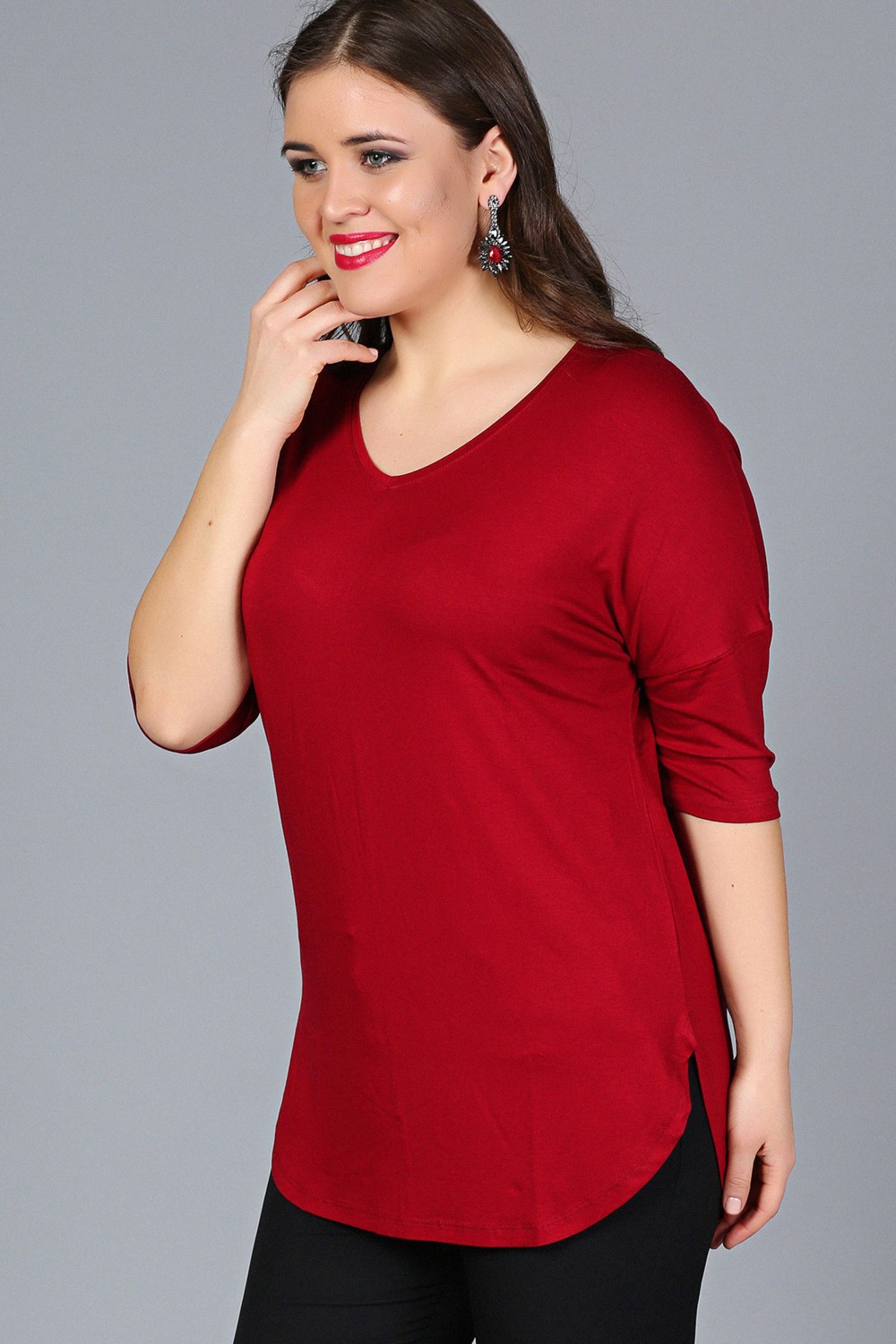 Curvy Trend Büyük Beden Yan Yırtmaç Yarım Kol Bluz Siyah görsel 7