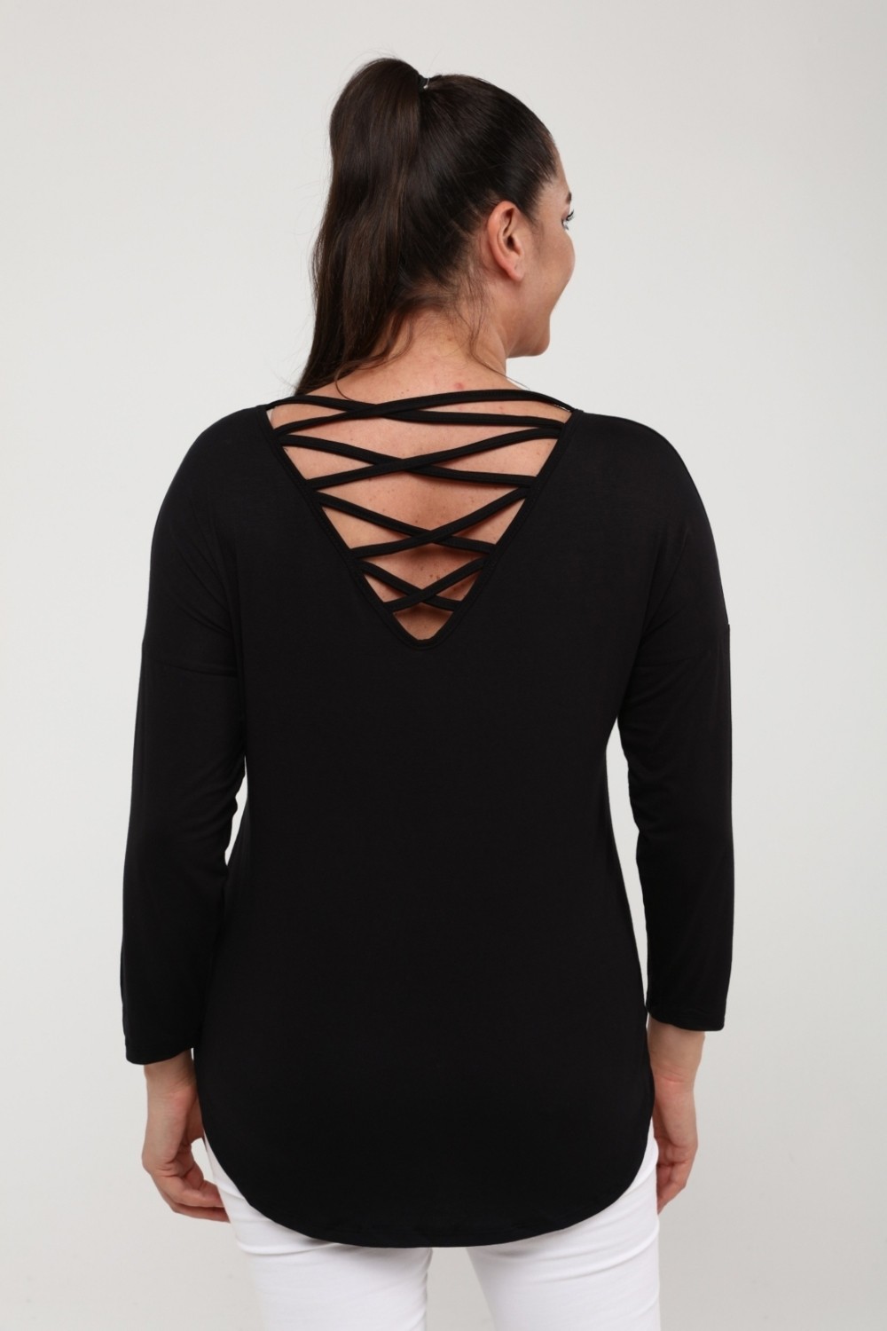 Curvy Trend Sırt Örgü Biyeli Yan Yırtmaç Uzun Kol Bluz Siyah