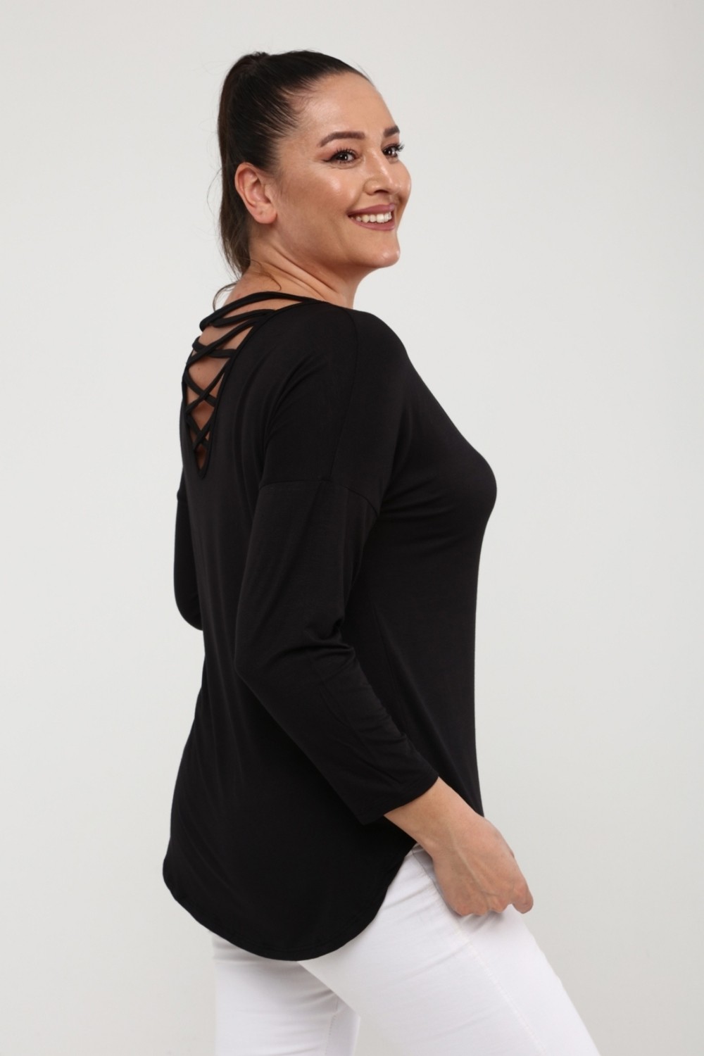 Curvy Trend Sırt Örgü Biyeli Yan Yırtmaç Uzun Kol Bluz Siyah görsel 2