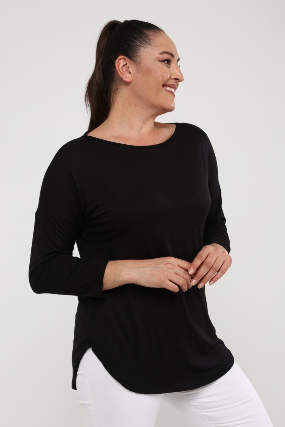 Curvy Trend Sırt Örgü Biyeli Yan Yırtmaç Uzun Kol Bluz Siyah görsel 3
