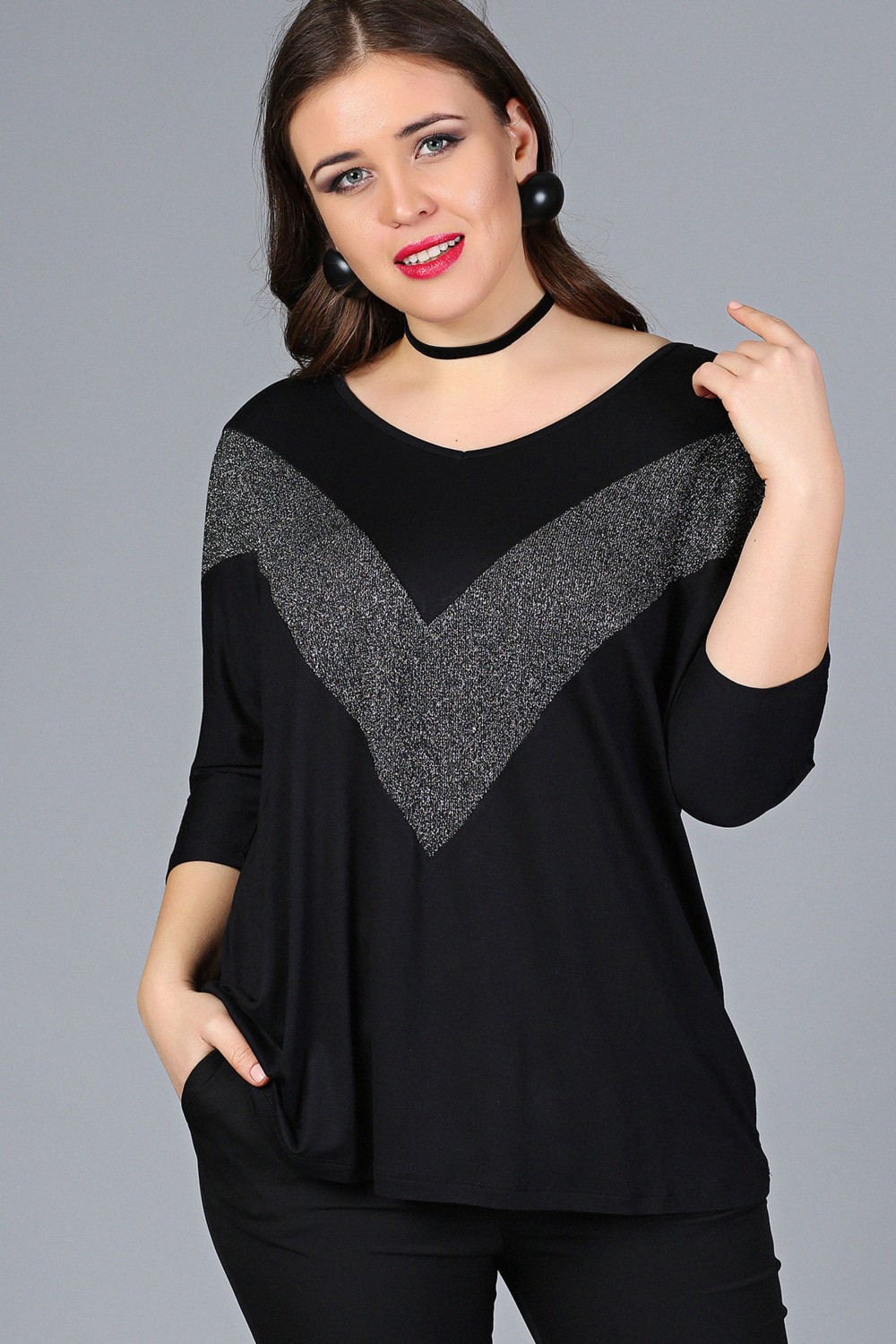 Curvy Trend Büyük Beden Göğüs V Sim Bluz Siyah görsel 2