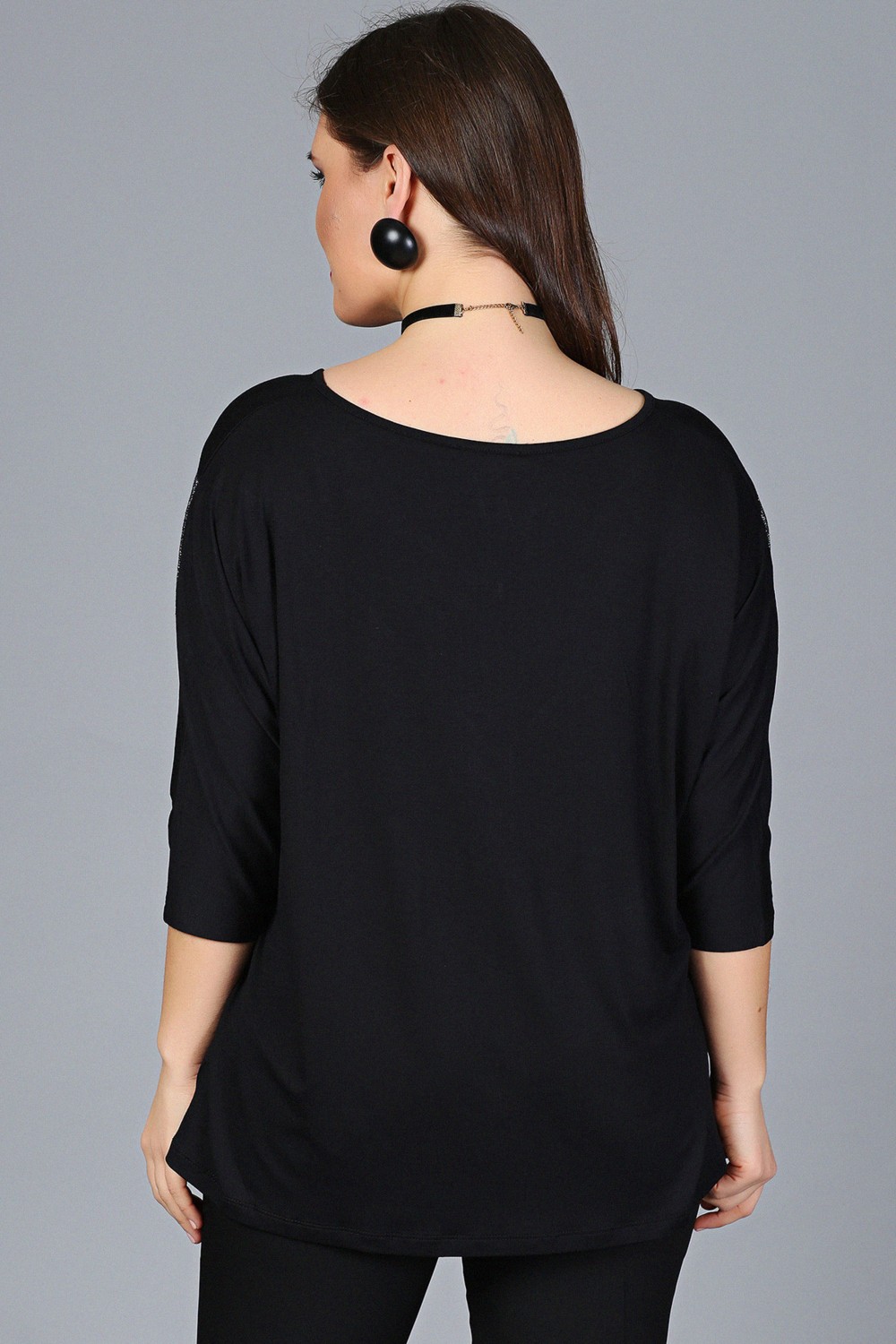 Curvy Trend Büyük Beden Göğüs V Sim Bluz Siyah görsel 3