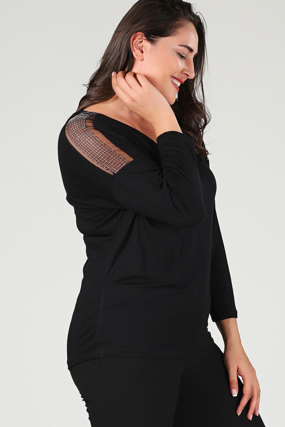 Curvy Trend Büyük Beden Omuz Zincir Tül Uzun Kol Bluz Siyah görsel 2
