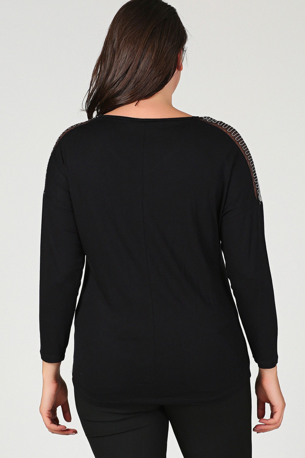 Curvy Trend Büyük Beden Omuz Zincir Tül Uzun Kol Bluz Siyah görsel 3