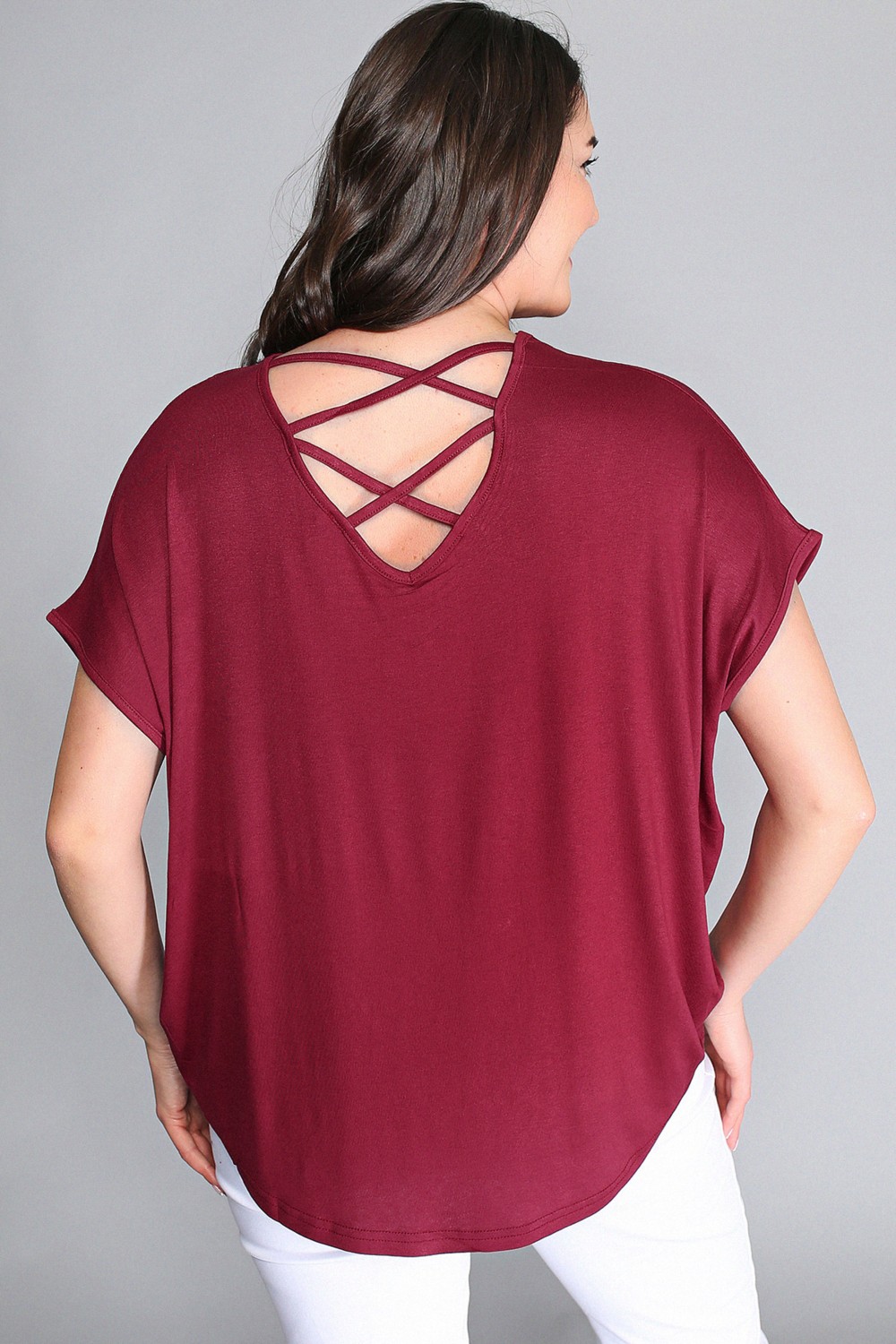 Curvy Trend Büyük Beden Sırt Çapraz Kısa Kol Bluz Kırmızı