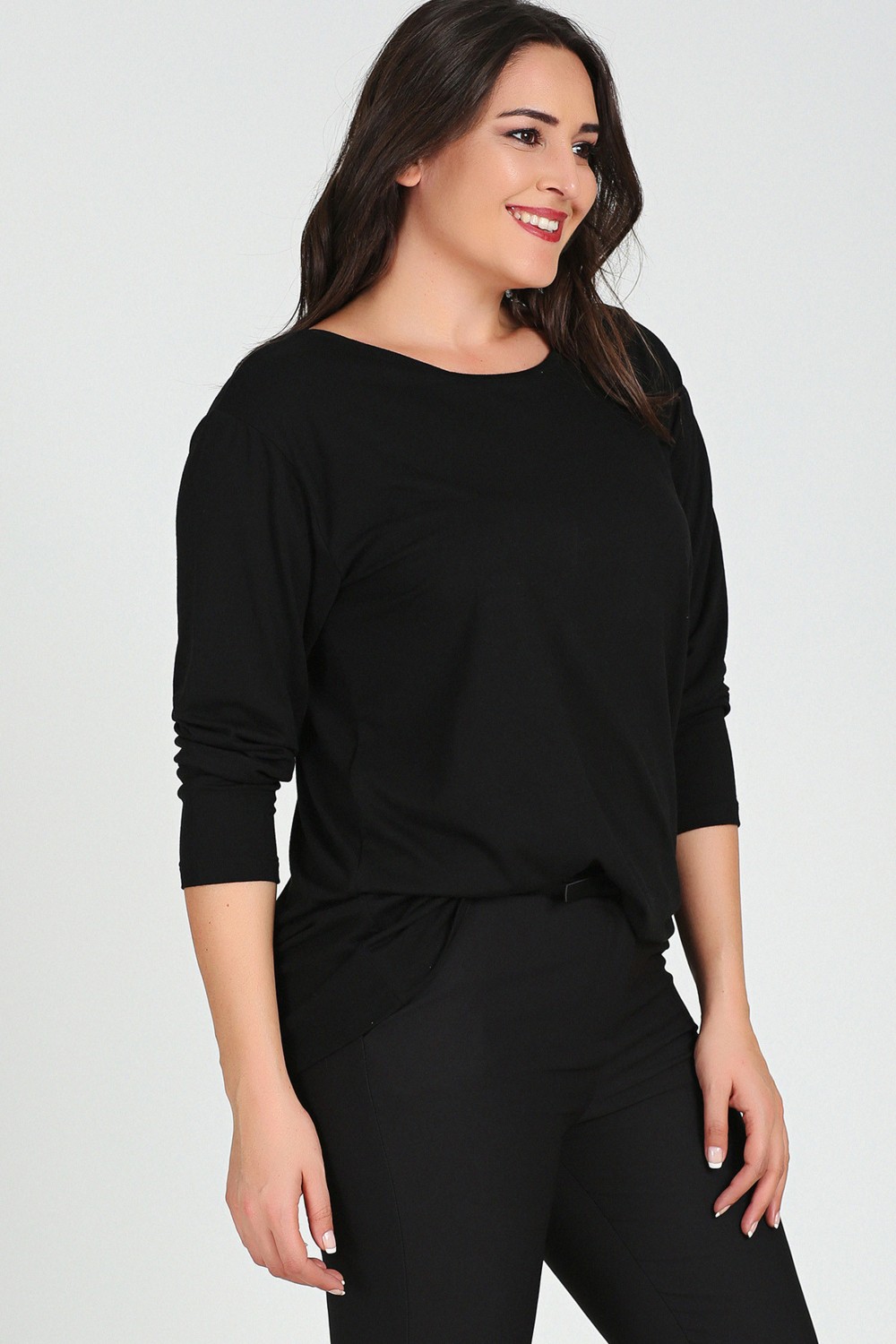 Curvy Trend Büyük Beden Sırt Çapraz Pul Şerit Uzun Kol Bluz Siyah görsel 3