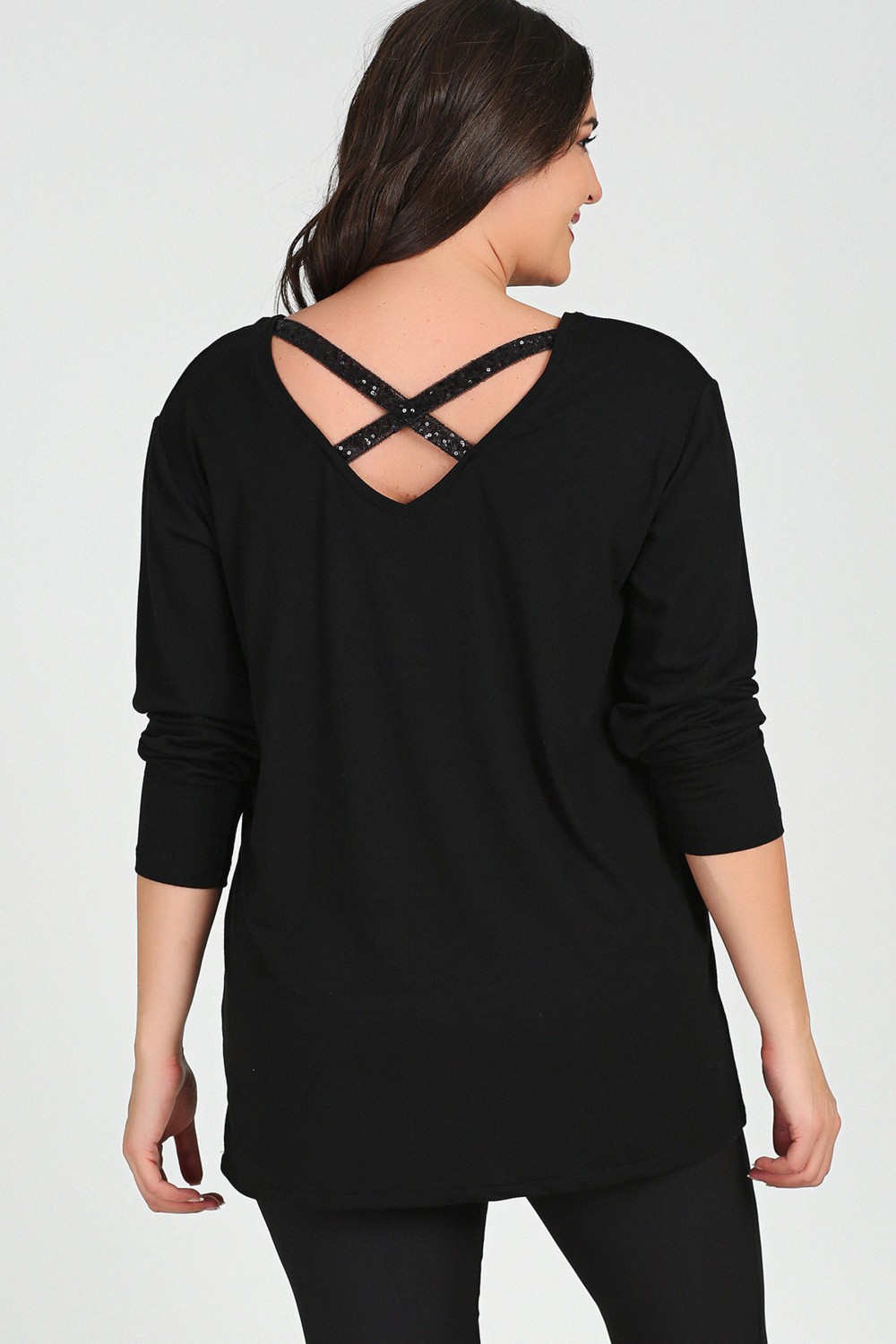 Curvy Trend Büyük Beden Sırt Çapraz Pul Şerit Uzun Kol Bluz Siyah görsel 4