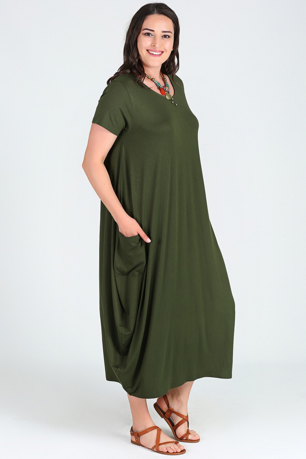 Curvy Trend Jumbo Kısa Kol Elbise Bordo görsel 3