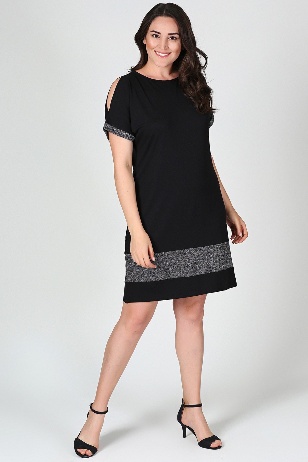 Curvy Trend Büyük Beden Siyah T-Shirt Elbise A-Line Kol Ucu Simli Günlük Stil