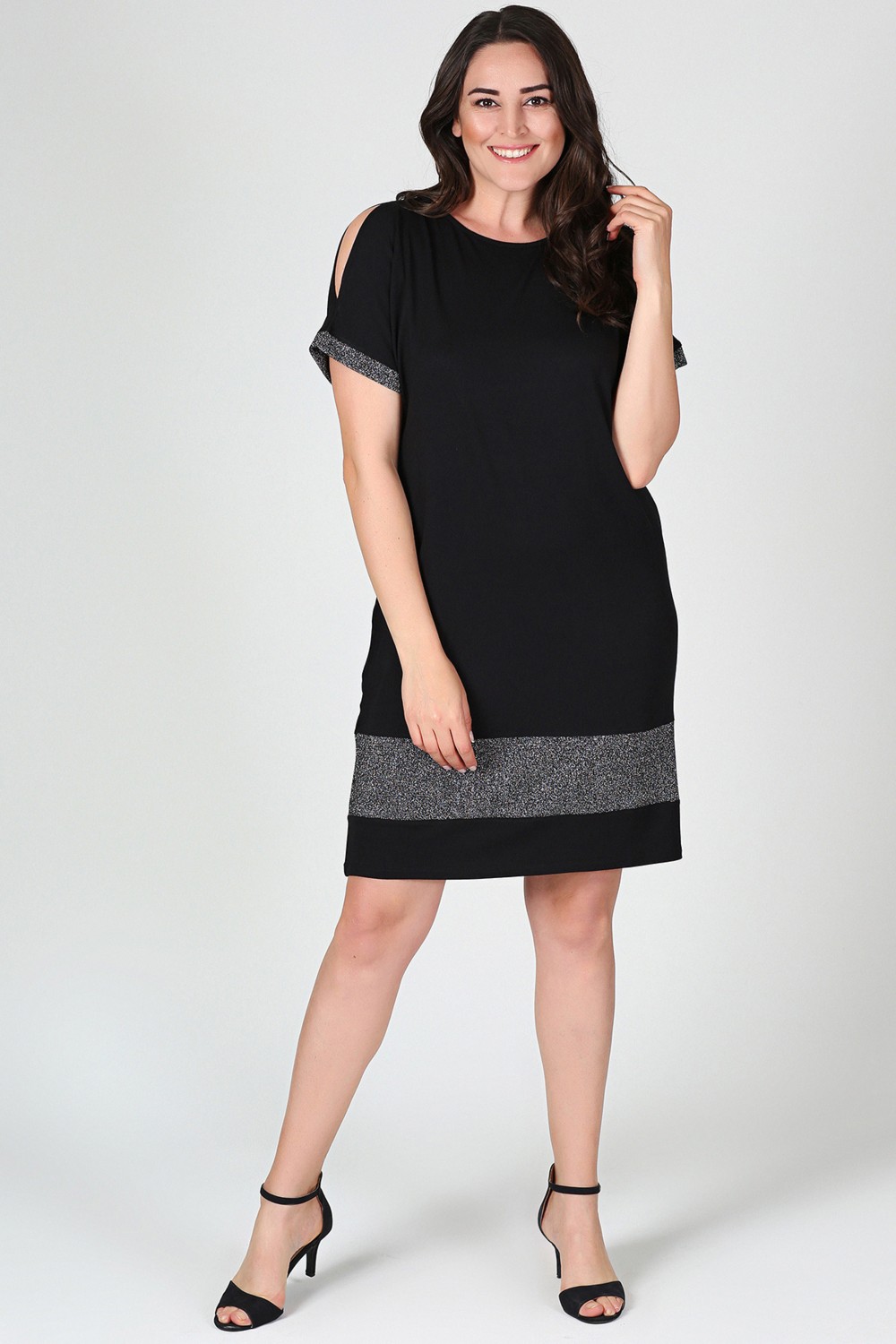 Curvy Trend Büyük Beden Siyah T-Shirt Elbise A-Line Kol Ucu Simli Günlük Stil görsel 2