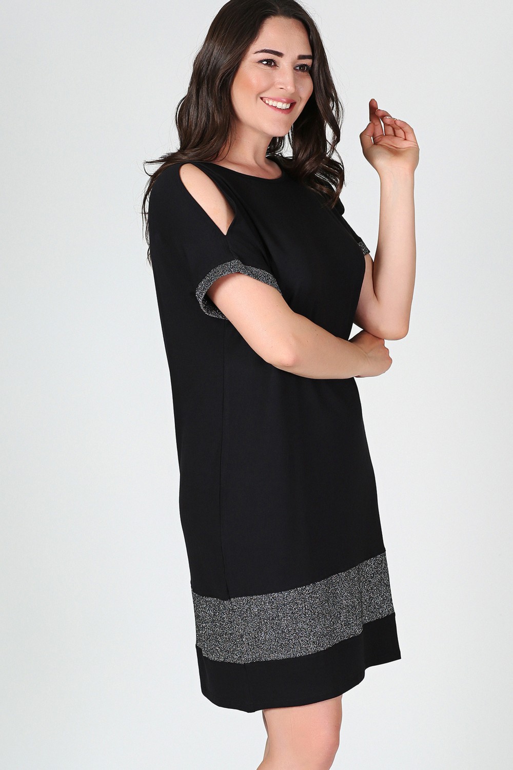 Curvy Trend Büyük Beden Siyah T-Shirt Elbise A-Line Kol Ucu Simli Günlük Stil görsel 3