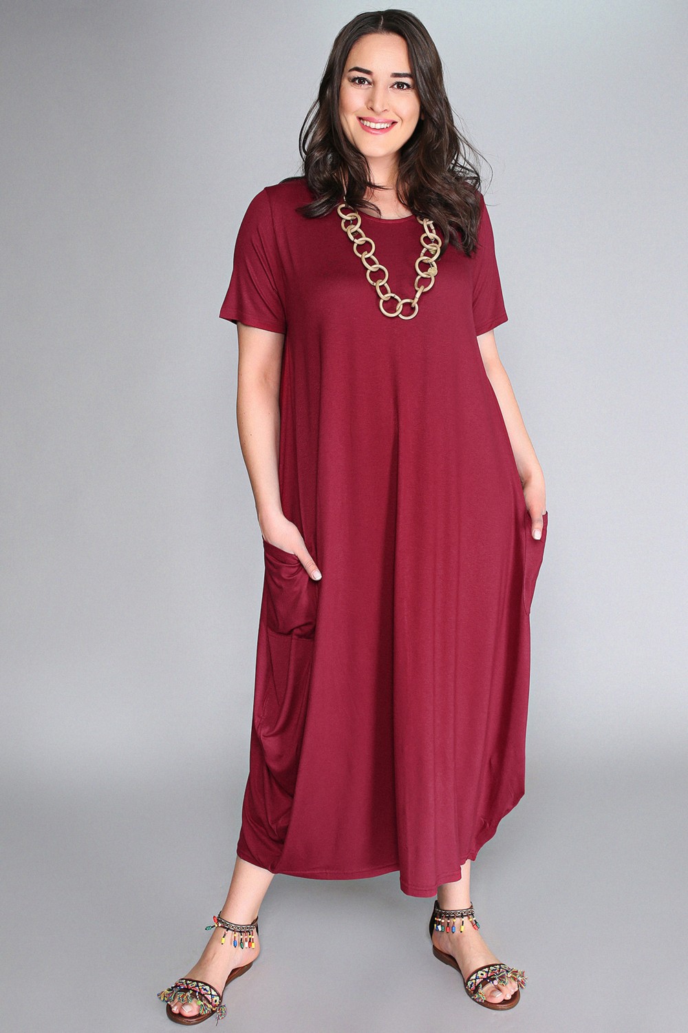 Curvy Trend Jumbo Kısa Kol Elbise Bordo görsel 6