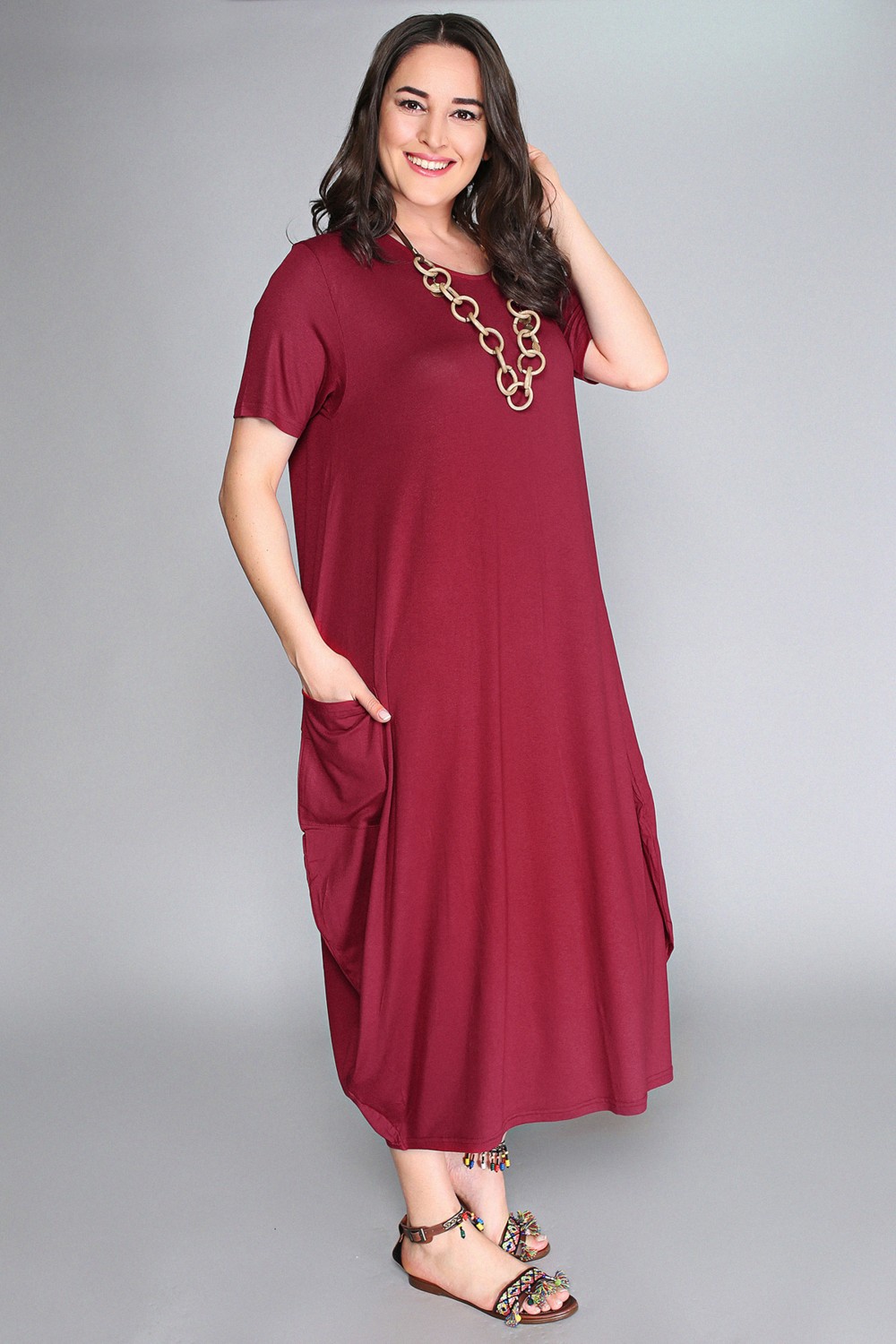 Curvy Trend Jumbo Kısa Kol Elbise Bordo görsel 7