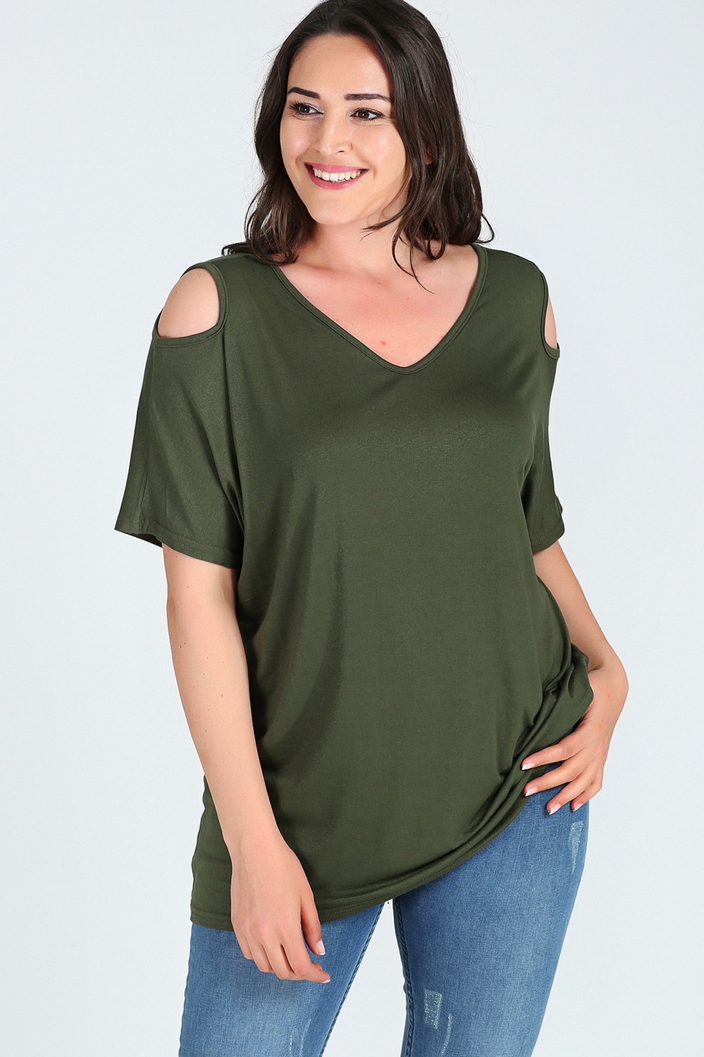 Curvy Trend Büyük Beden Omuzu V Pencere Kısa Kol Bluz Siyah görsel 4
