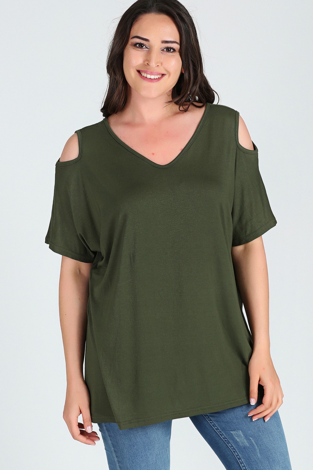 Curvy Trend Büyük Beden Omuzu V Pencere Kısa Kol Bluz Siyah görsel 5