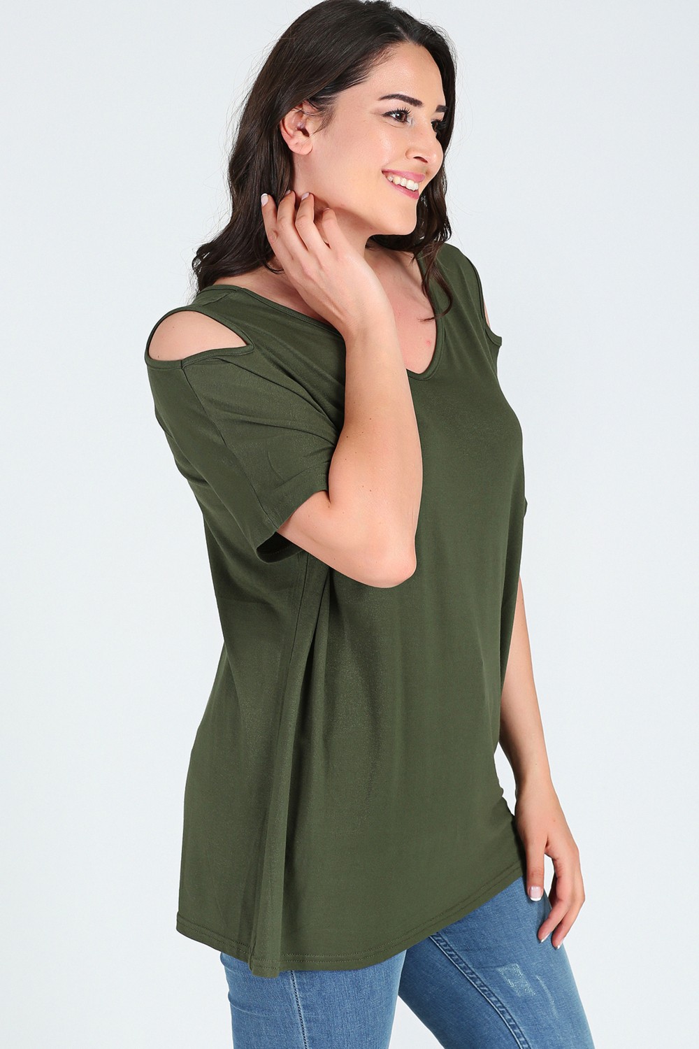 Curvy Trend Büyük Beden Omuzu V Pencere Kısa Kol Bluz Siyah görsel 6