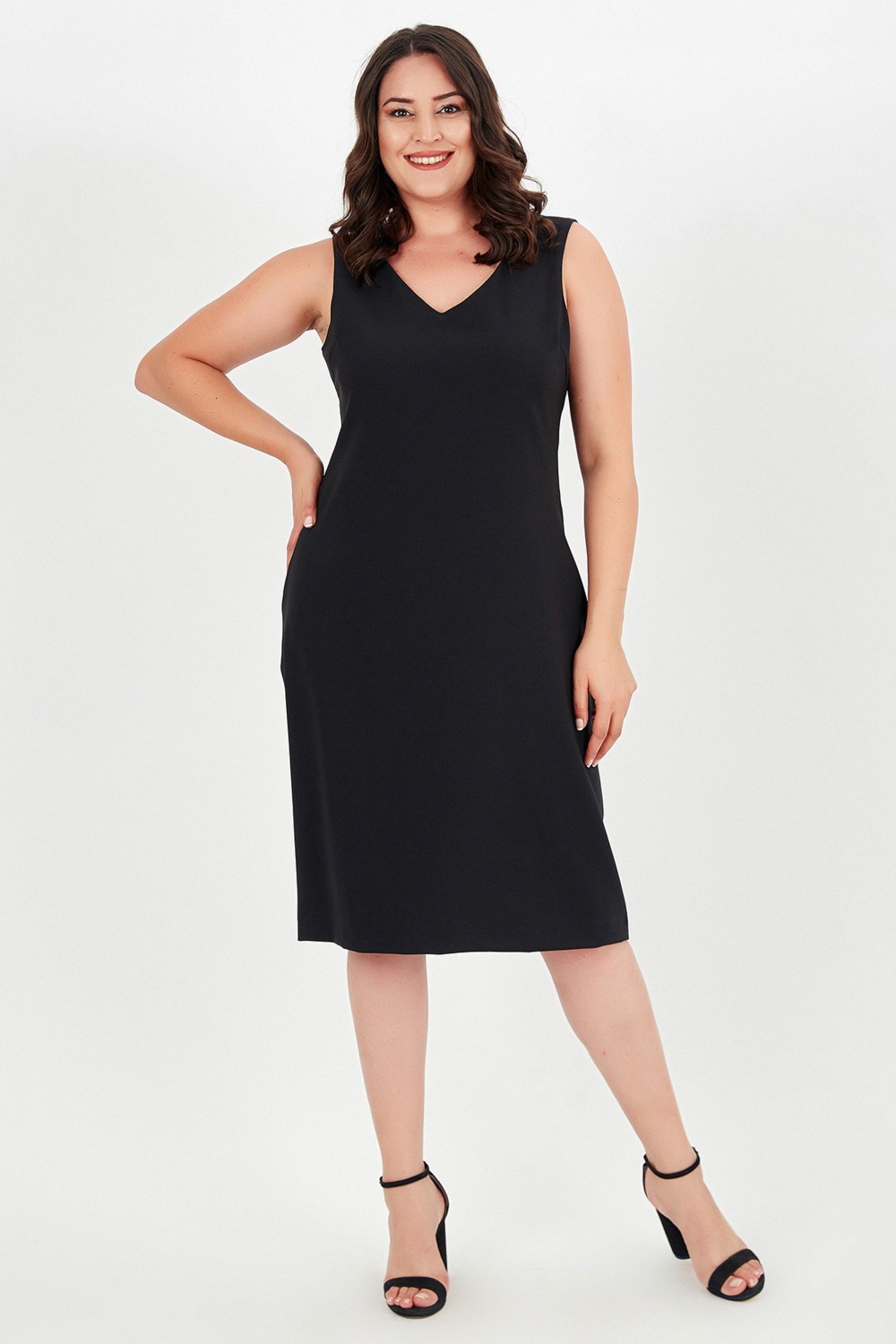 Curvy Trend Büyük Beden V Yaka Kolsuz Bodycon Elbise Siyah Klasik Özel Olay İçin Tasarlandı görsel 2