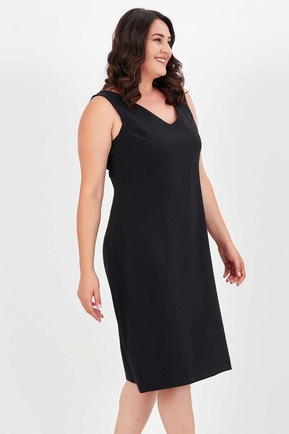 Curvy Trend Büyük Beden V Yaka Kolsuz Bodycon Elbise Siyah Klasik Özel Olay İçin Tasarlandı görsel 3