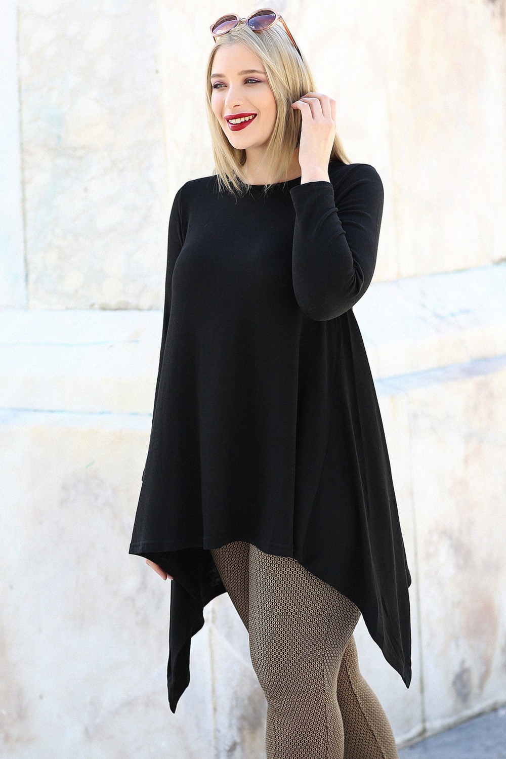 Curvy Trend Etek Verev Uç Uzun Kol Tunik Siyah
