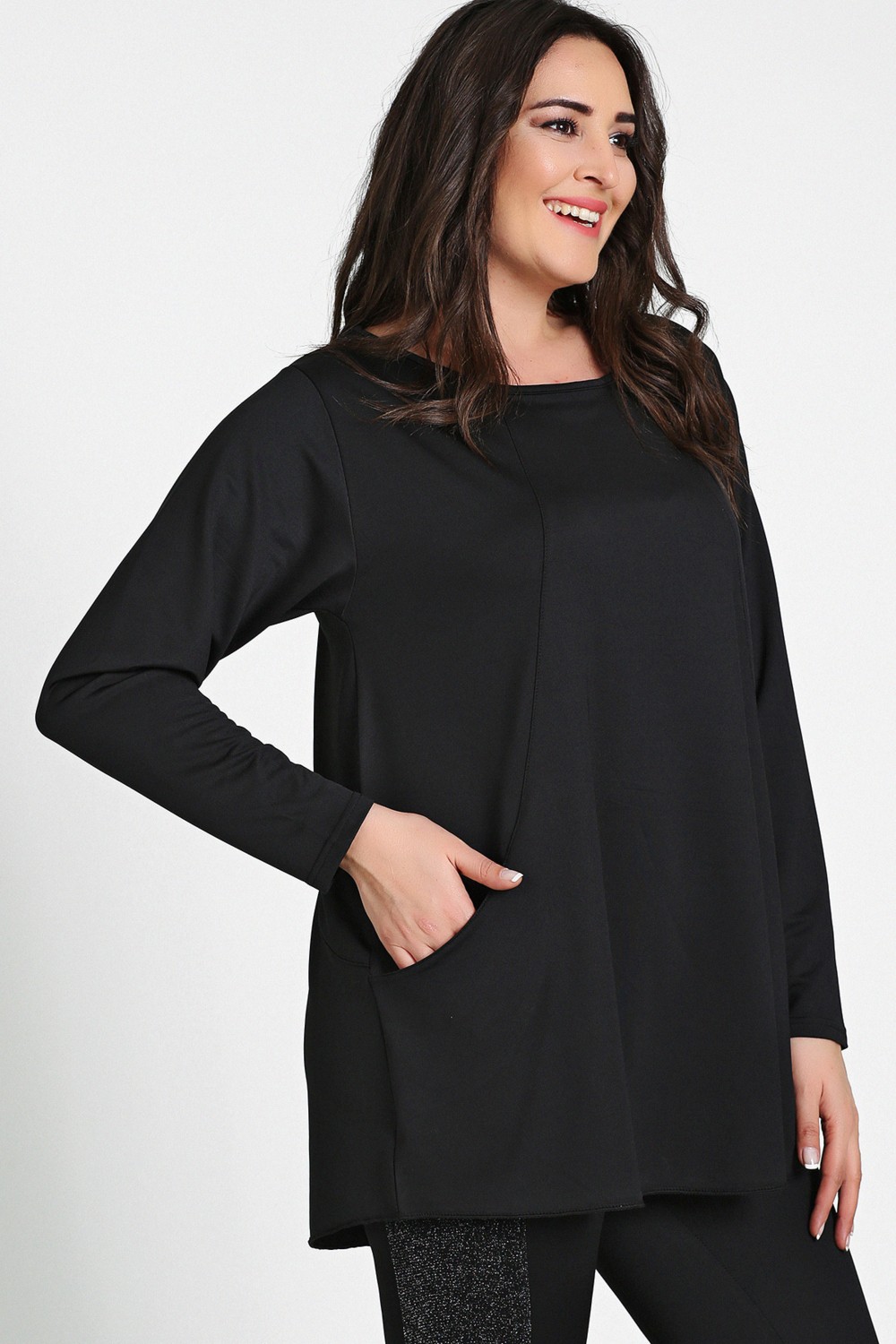 Curvy Trend Siyah Cepli Parçalı Tunik %95 Viskon Kadınlar İçin Rahat Tasarım görsel 2