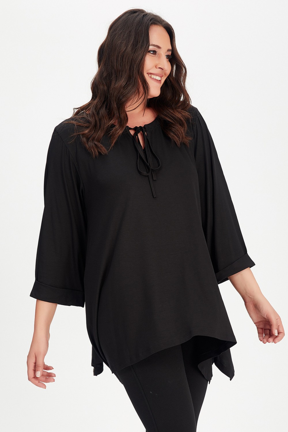 Curvy Trend Büyük Beden Siyah Yaka Bağcıklı Kol Katlamalı Tunik Esnek Yumuşak Kumaş görsel 4
