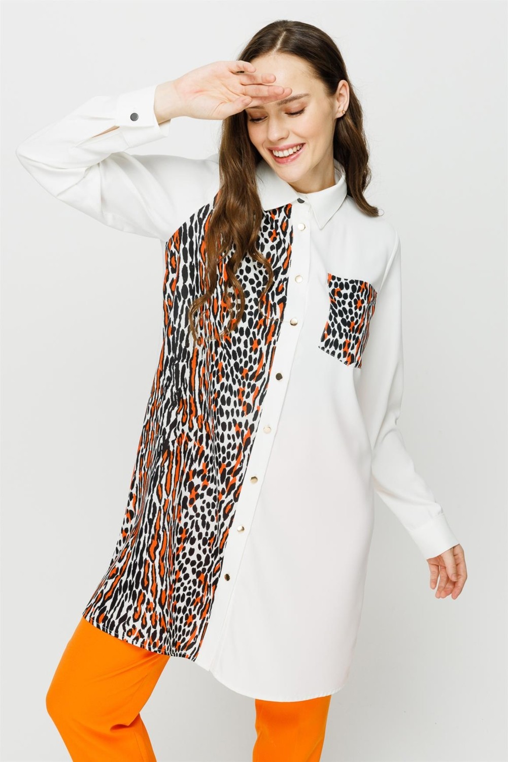 Esswaap Leopar Baskı Detaylı Şık Tunik Oranj görsel 3
