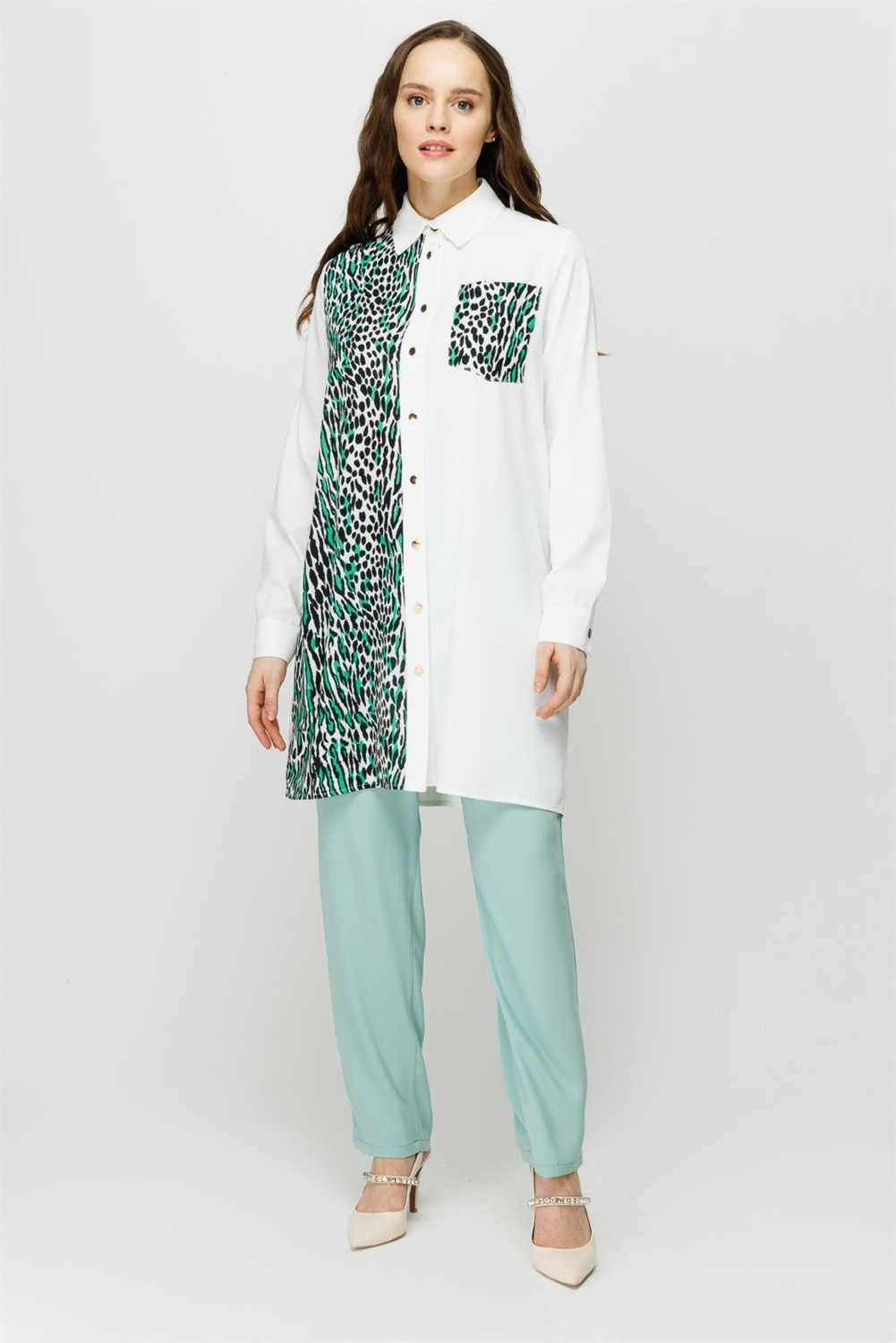 Esswaap Leopar Baskı Detaylı Şık Tunik Yeşil
