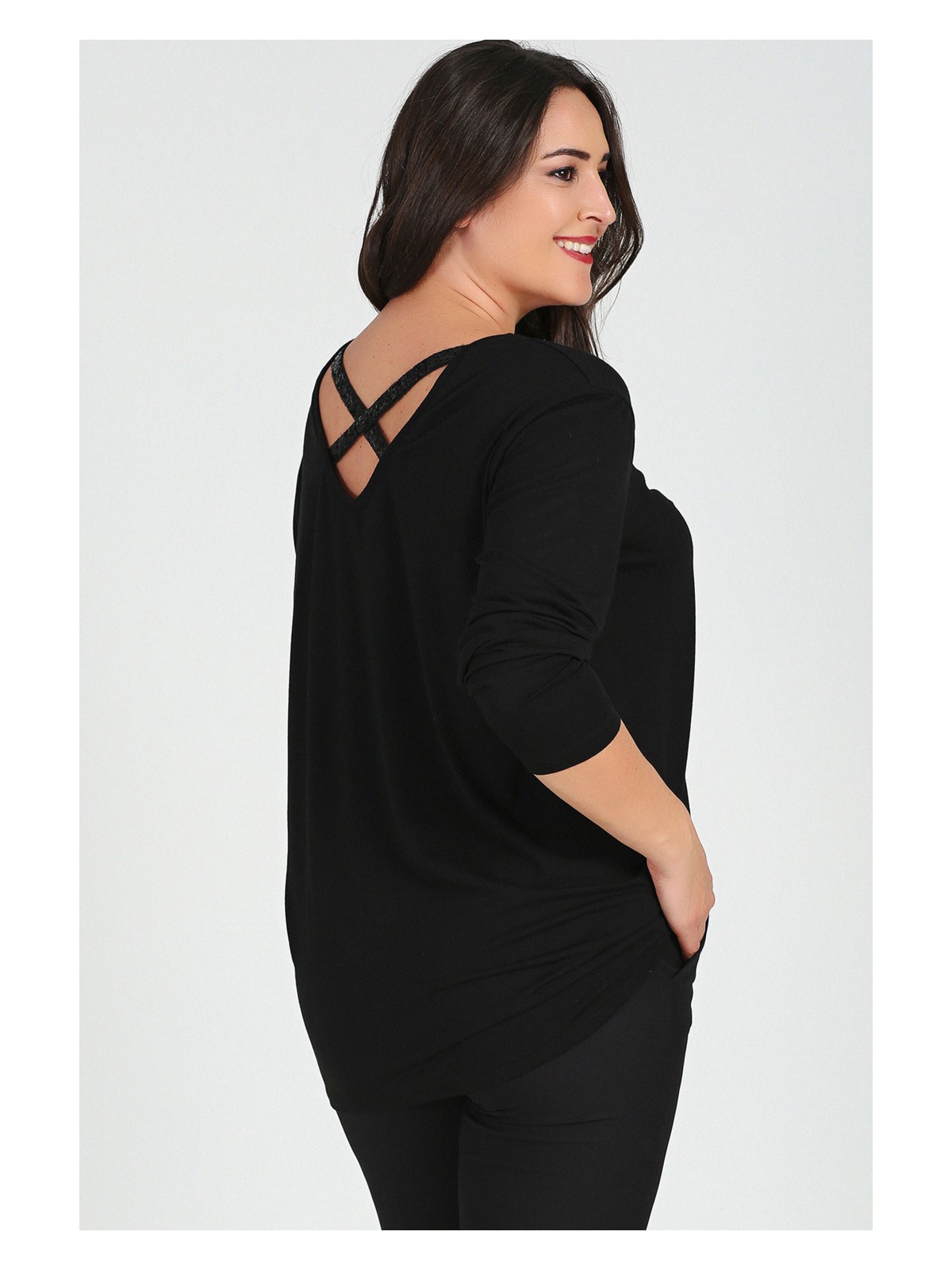 Curvy Trend Büyük Beden Sırt Çapraz Pul Şerit Uzun Kol Bluz Siyah