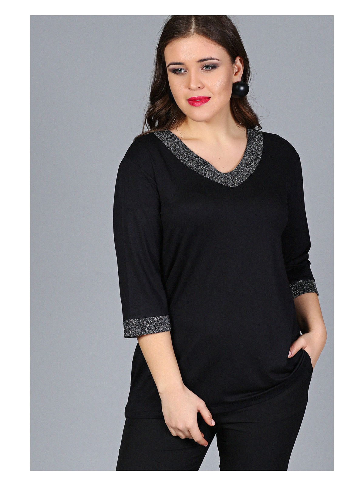 Curvy Trend Büyük Beden Yaka Kolucu Sim Yarım Kol Bluz Siyah