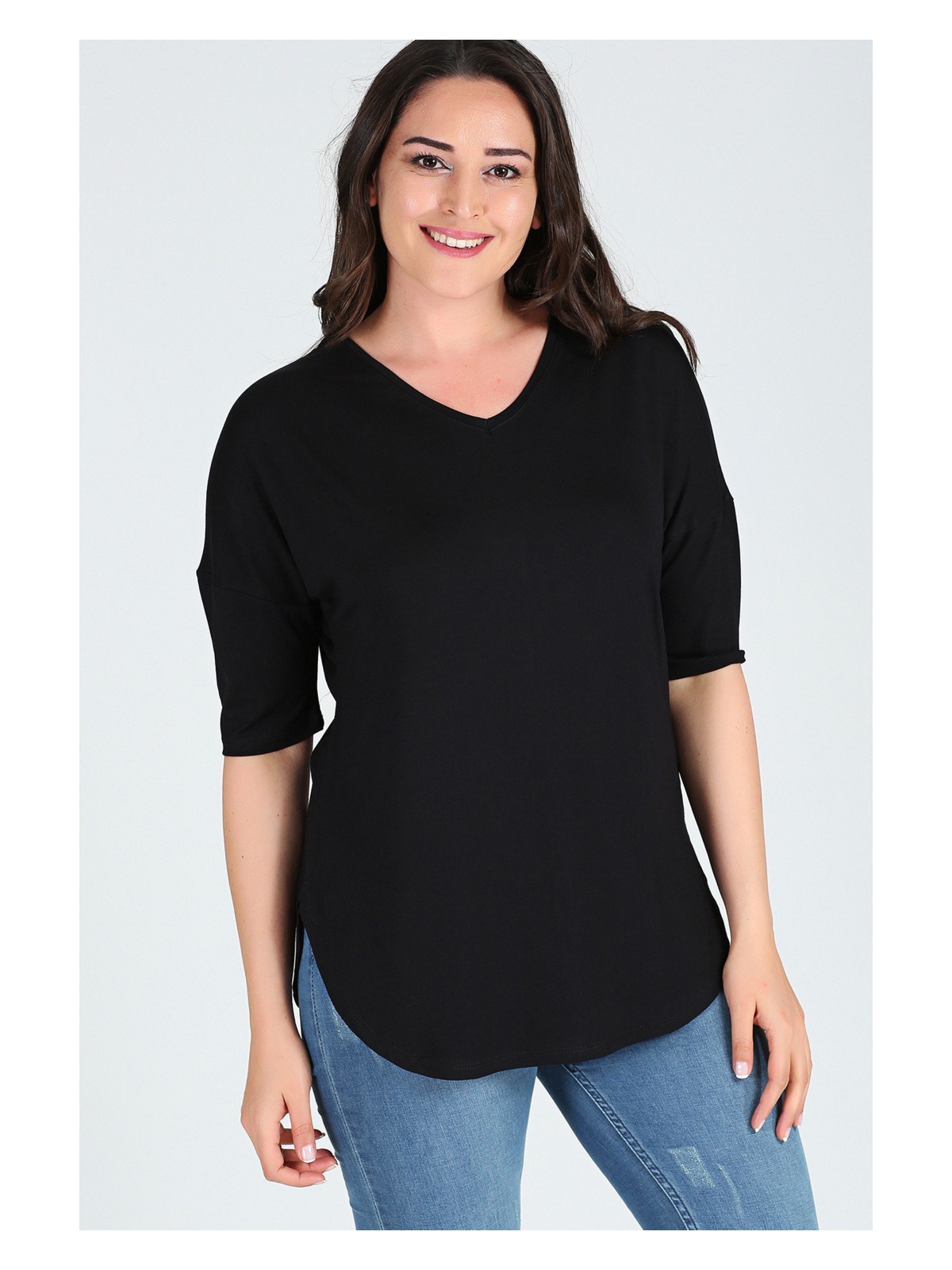 Curvy Trend Büyük Beden Yan Yırtmaç Yarım Kol Bluz Siyah