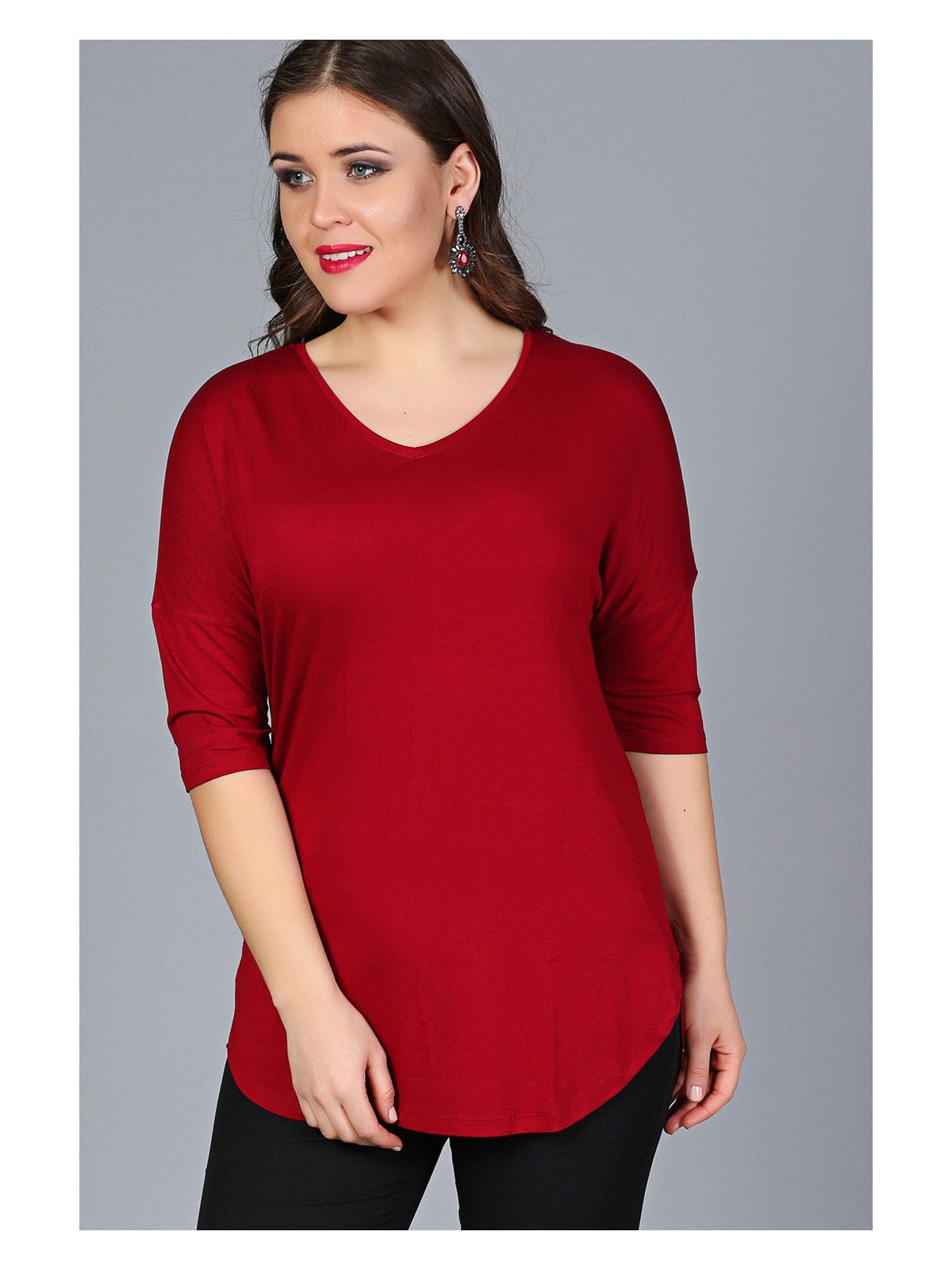 Curvy Trend Büyük Beden Yarım Kol Bluz Kadınlar İçin Bordo Renk V Yaka Tasarım