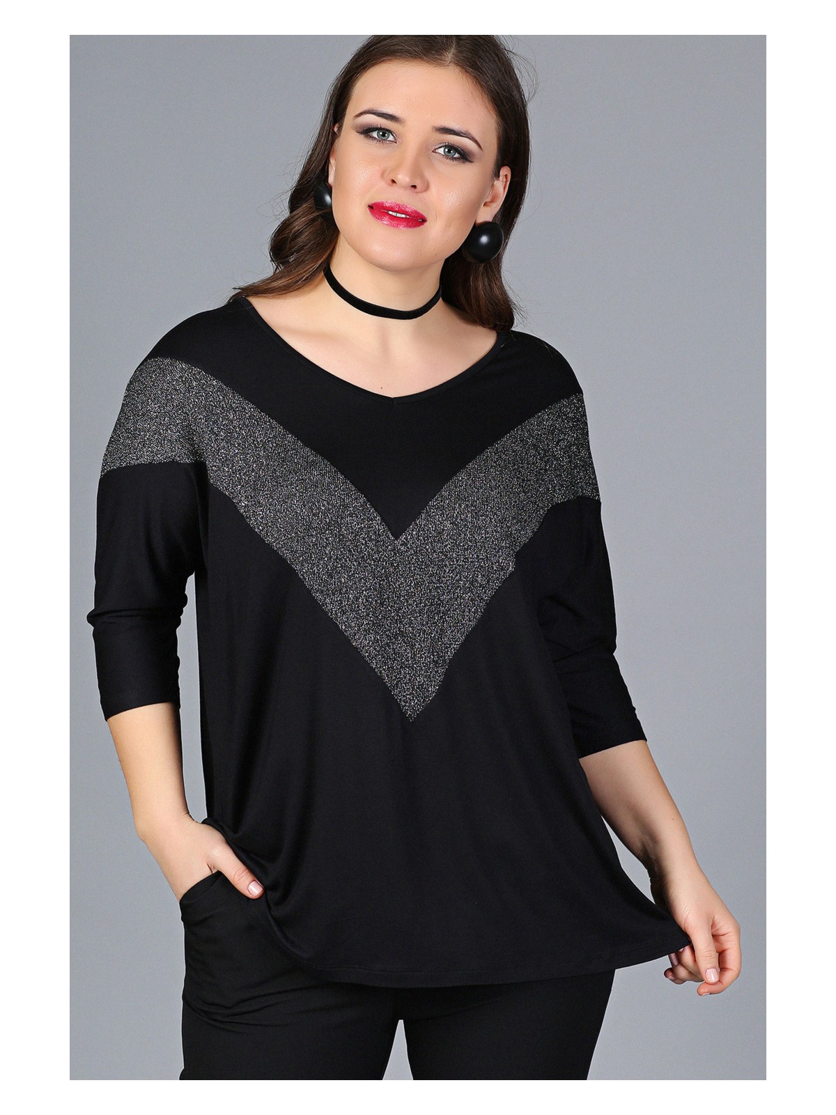 Curvy Trend Büyük Beden Göğüs V Sim Bluz Siyah