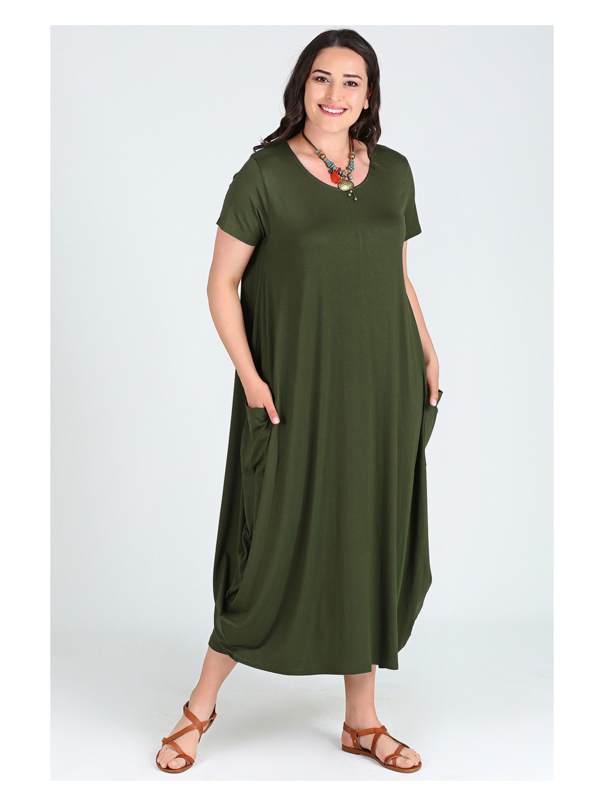 Curvy Trend Jumbo Kısa Kol Elbise Bordo - Görsel 3