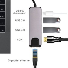 Wozlo USB 3.1 Type C To HDMI 4K@30Hz Kablo Çevirici + 2x USB 3.0 + Gigabit Ethernet +Pd 100W Dönüştürücü