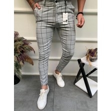Ser Joven Erkek Gri Slim Fit Ekoseli Kumaş Pantolon
