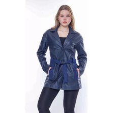 By Marki Marki Kruvaze Trençkot Ceket Uzun Lacivert Lüx  Deri Düğme Kapamalı - 111122