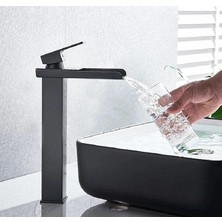 Rena Design Siyah Kare Çanak Lavabo Bataryası Şelale Model Uzun/yüksek Lavabo Musluğu Çift Girişli Armatür