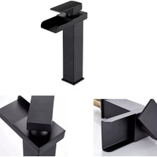 Rena Design Siyah Kare Çanak Lavabo Bataryası Şelale Model Uzun/yüksek Lavabo Musluğu Çift Girişli Armatür