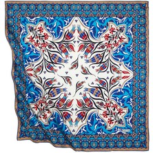 Bursa İpek Turkuaz Taba Türk Motifli Çintemani Karanfil Desen Ipeksi Eşarp