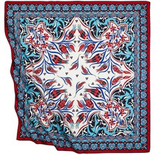 Bursa İpek Turkuaz Kırmızı Türk Motifli Çintemani Karanfil Desen Ipeksi Eşarp