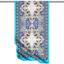 Bursa İpek Lacivert Turkuaz Çini Lale Desen Dar Ipeksi Fular